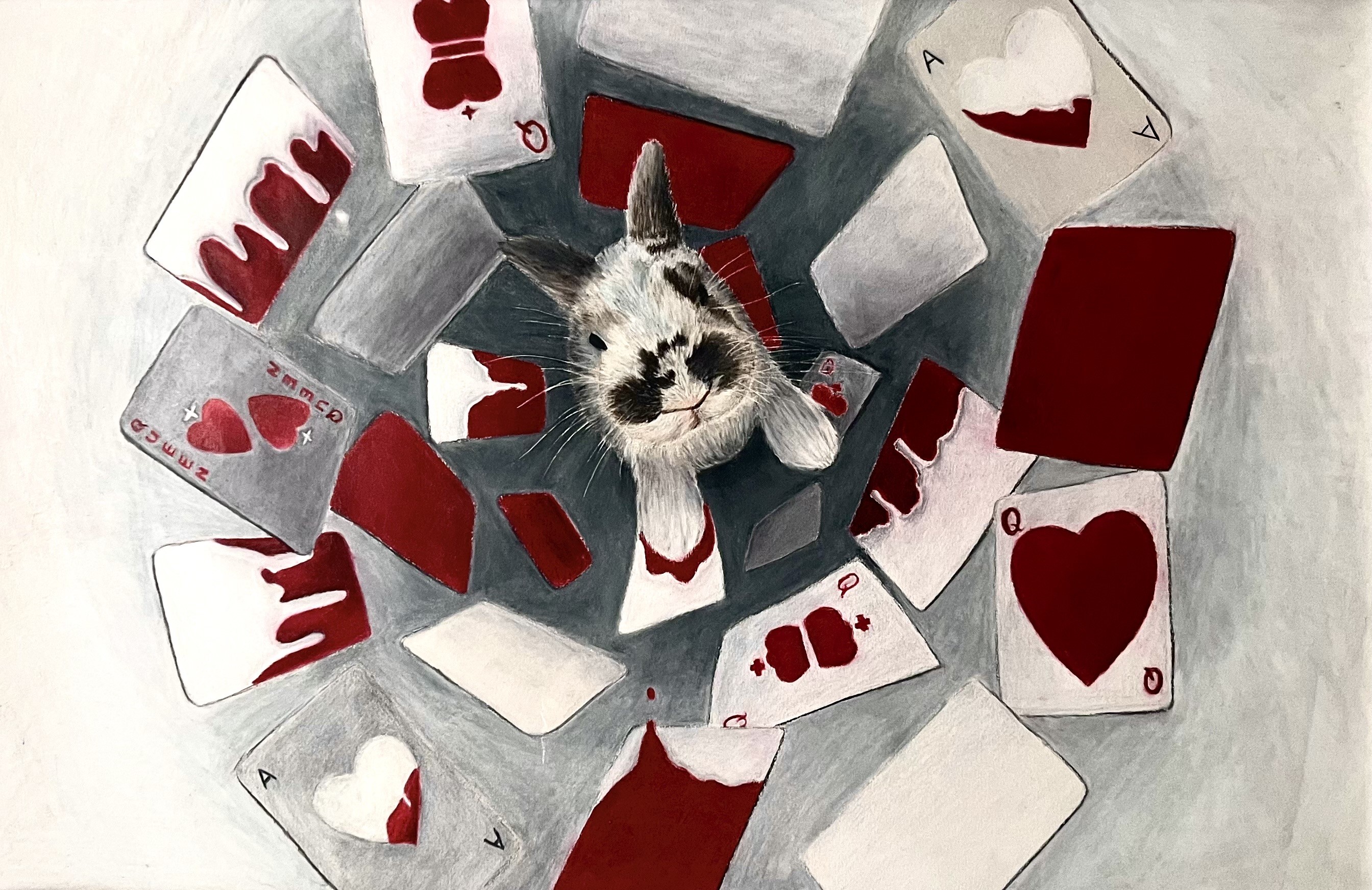color pencil drawing of a bunny falling down a hole of a deck of cards